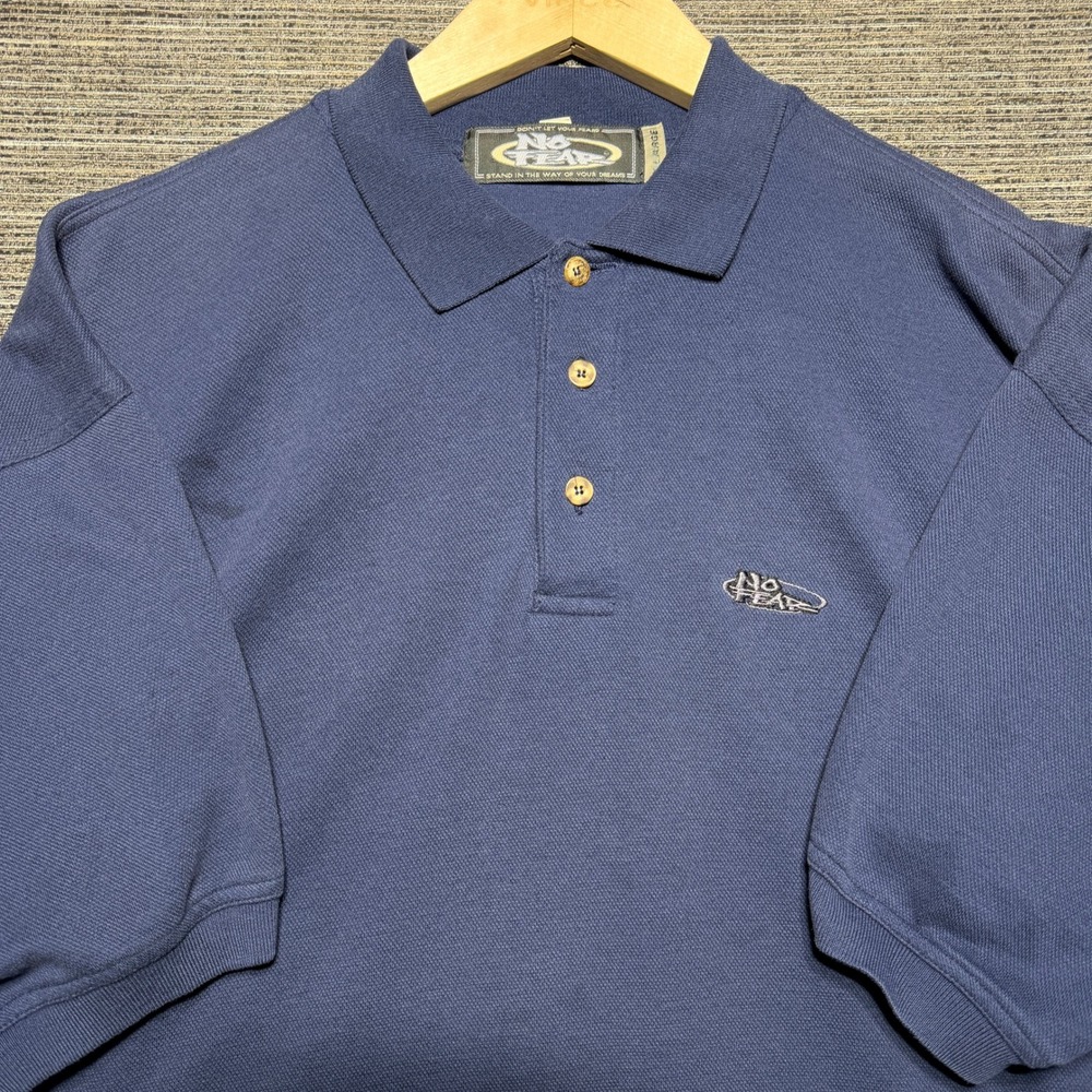 No Fear Polo Shirt Men XL Navy Blue SS Vintage Pique Embroidered Logo 90s